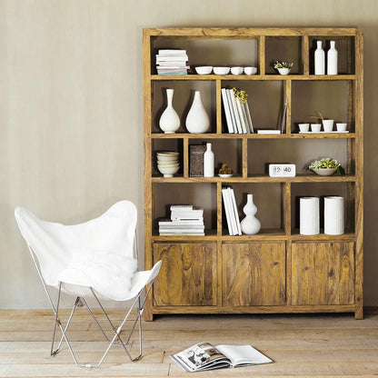 Solid Wooden 3 Door Book Shelf For Living Room With Storage Natural Finish