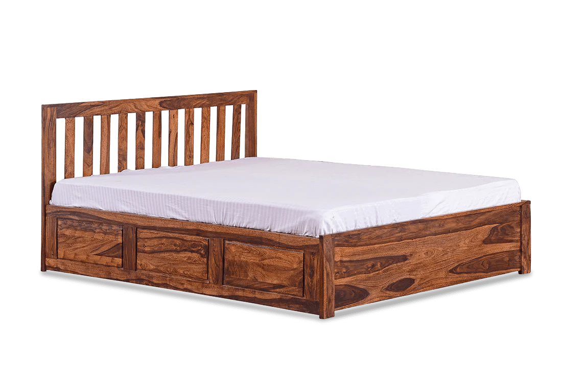 Solid Sheesham Wood King Size Bed with Box Storage For Living Room