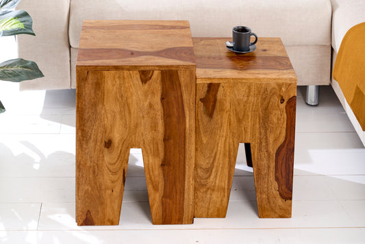 Solid Sheesham Wood Nesting Tables| Side Tables | Natural Finish Set of 2 Stool