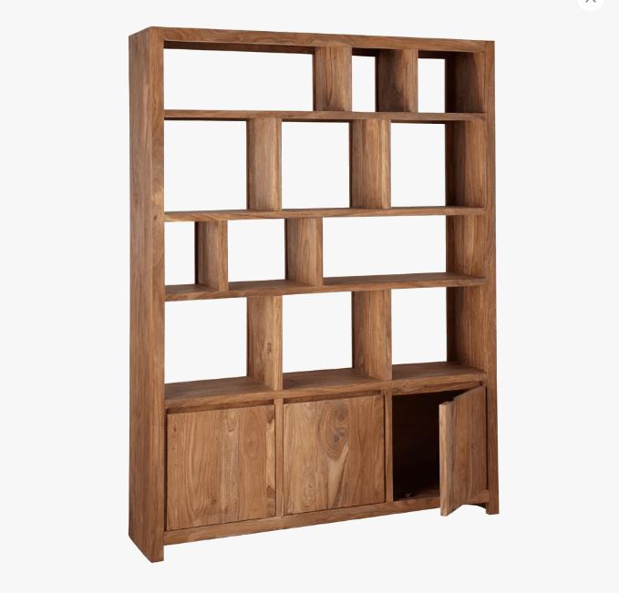 Solid Wooden 3 Door Book Shelf For Living Room With Storage Natural Finish