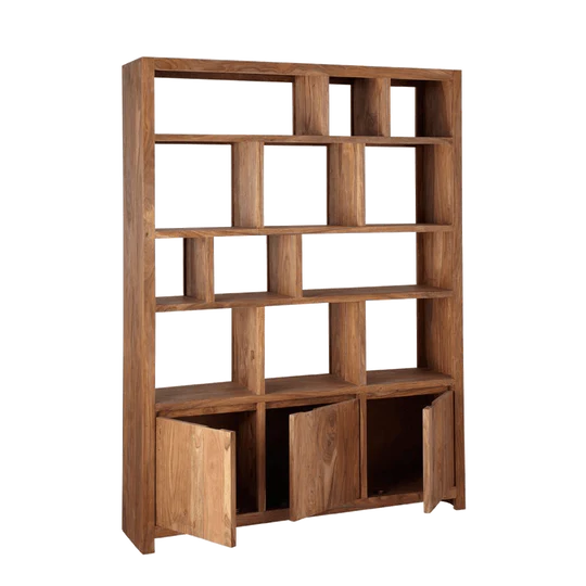 Solid Wooden 3 Door Book Shelf For Living Room With Storage Natural Finish