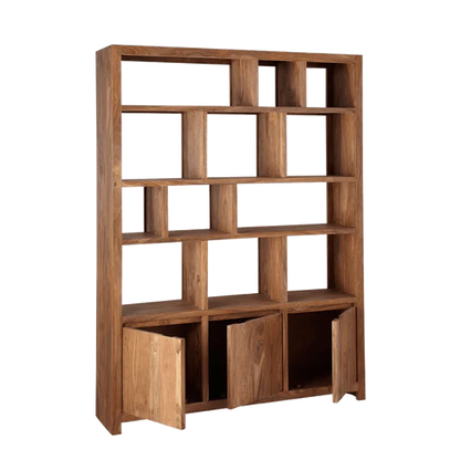 Solid Wooden 3 Door Book Shelf For Living Room With Storage Natural Finish