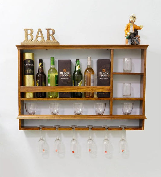 Sheesham Wood Wall Mounted Wine Rack, Bar Cabinet with Glass Storage for Home Wine Rack