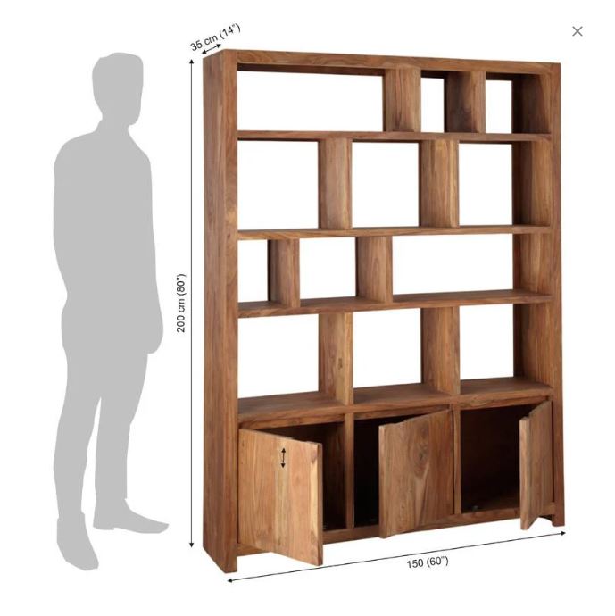 Solid Wooden 3 Door Book Shelf For Living Room With Storage Natural Finish