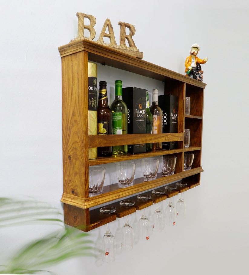 Sheesham Wood Wall Mounted Wine Rack, Bar Cabinet with Glass Storage for Home Wine Rack