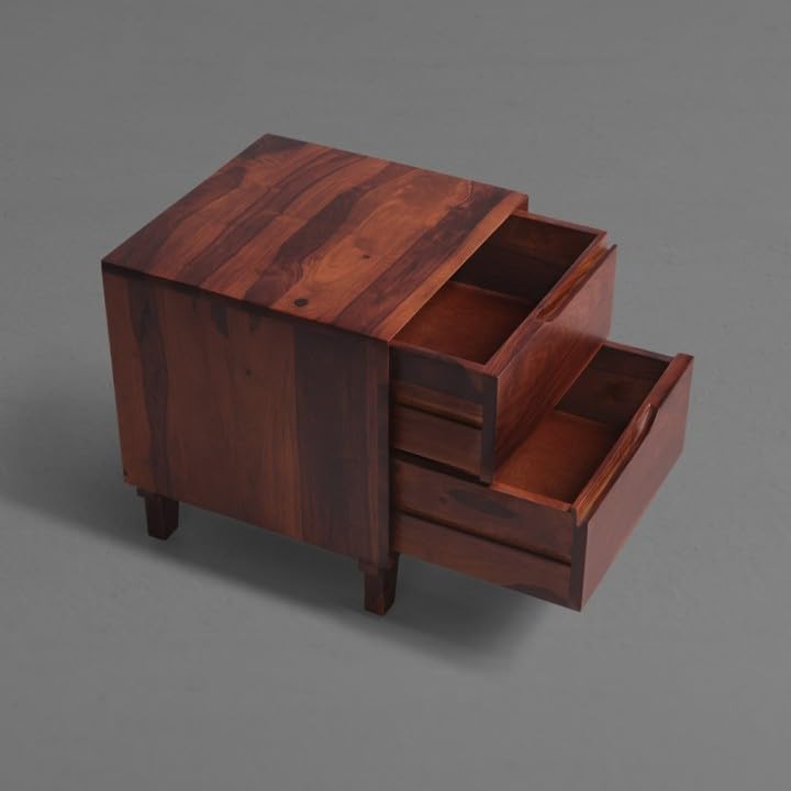 Sheesham Wood Bed Side Table & Side Table in Two Drawers in Honey Oak Finish