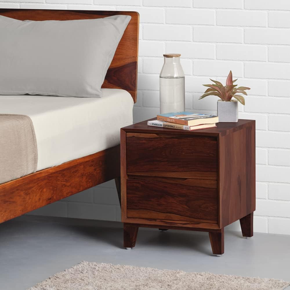 Sheesham Wood Bed Side Table & Side Table in Two Drawers in Honey Oak Finish