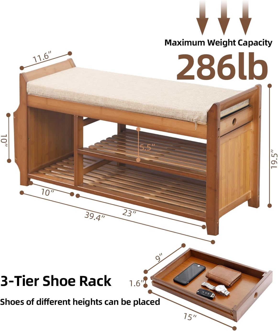 Solid Acacia Wooden Shoe Rack for Home with Storage Natural Finish