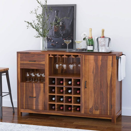 Solid Sheesham Wood Bar Cabinet for Home | Rack Hard and Soft Drinks Drawer Storage