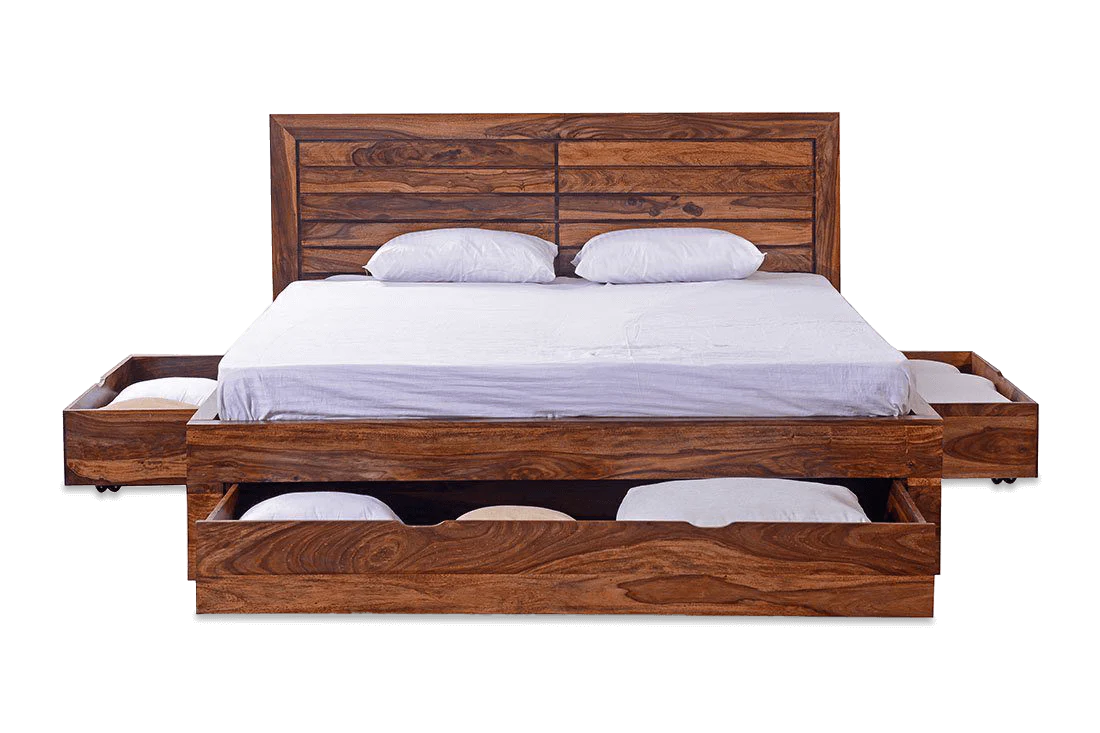 Solid Sheesham Wood Double King Size Bed with Box Storage for Bedroom Living Room Home