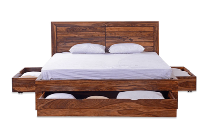 Solid Sheesham Wood Double King Size Bed with Box Storage for Bedroom Living Room Home