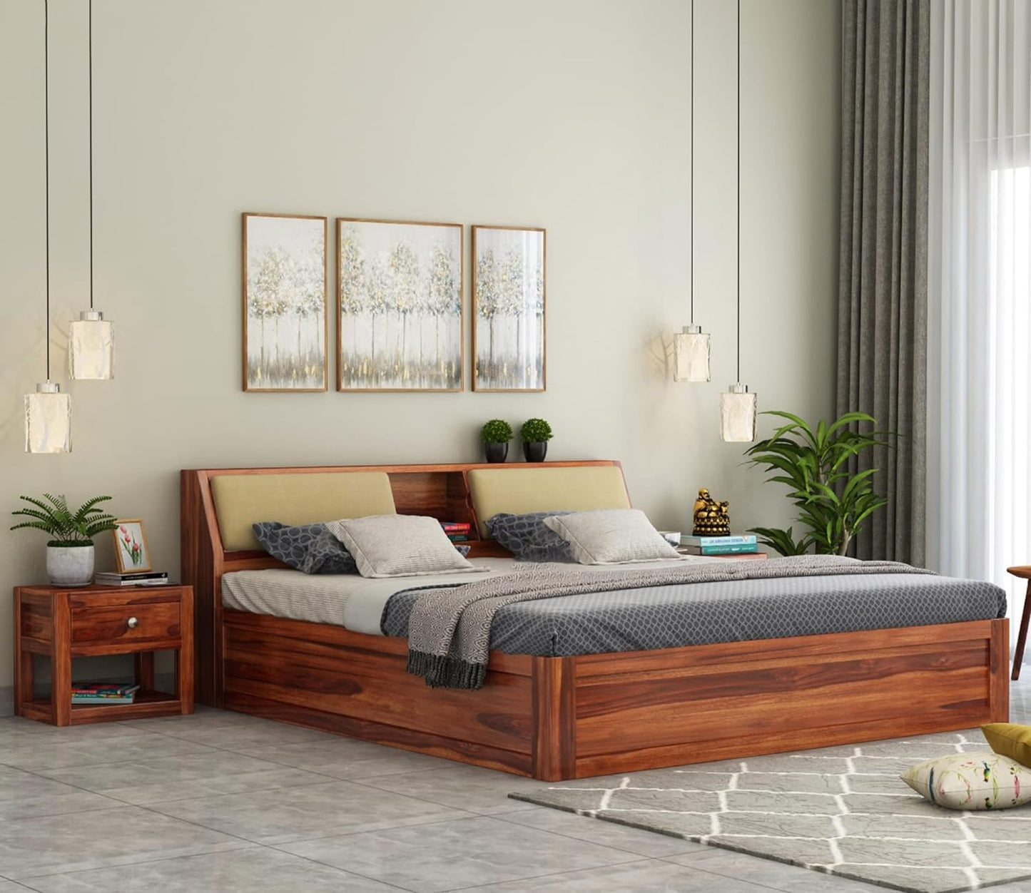 Solid Sheesham Wood King Size Box Bed For Bedroom Room Furniture