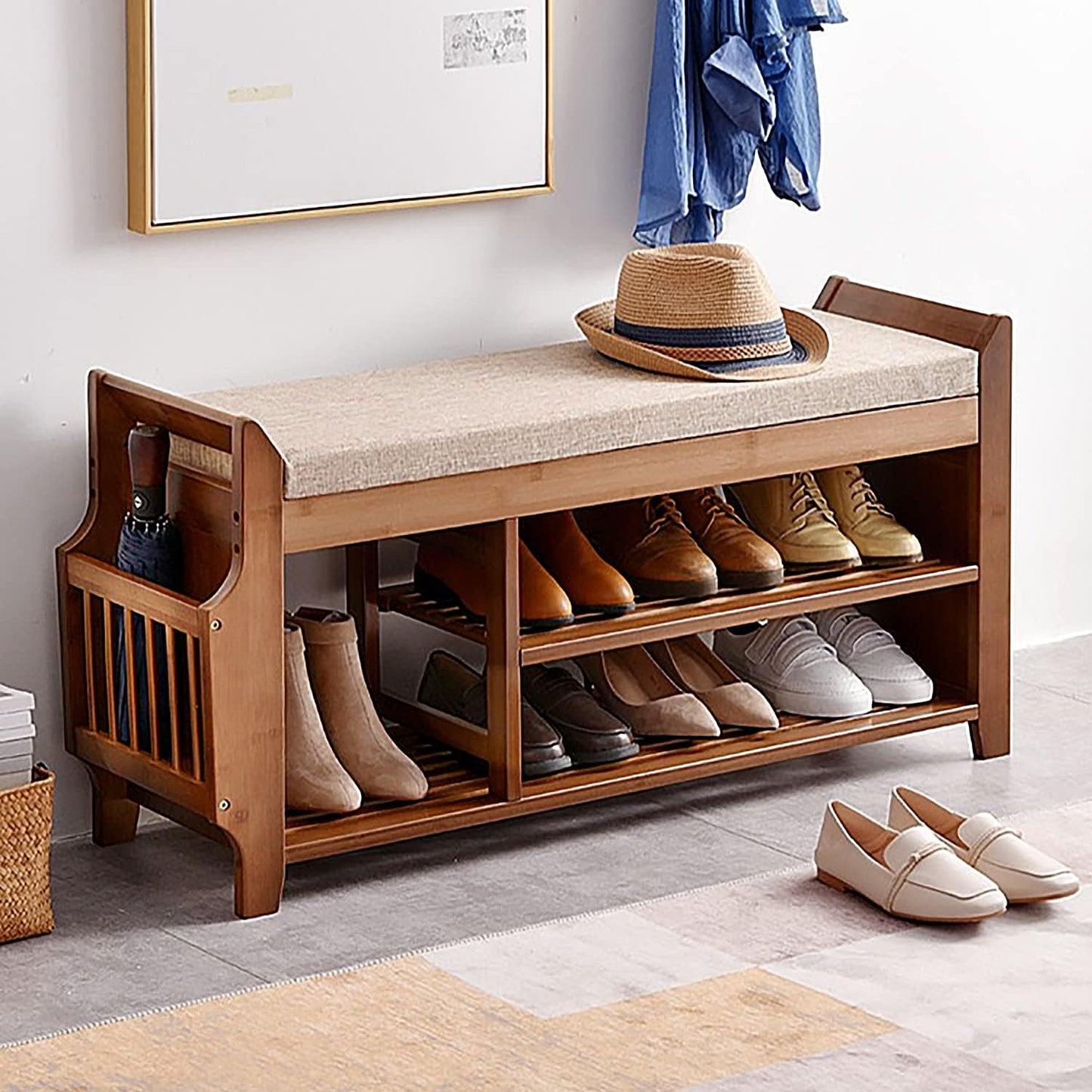 Solid Acacia Wooden Shoe Rack for Home with Storage Natural Finish