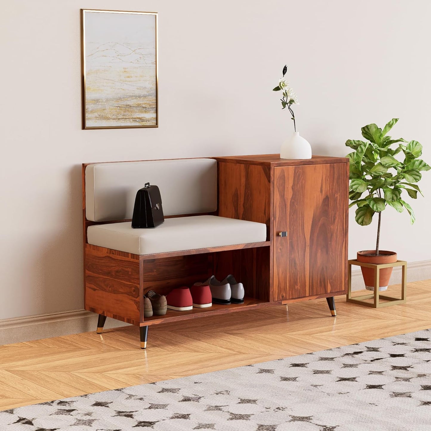 Solid Sheesham  Wood Shoe Rank With Storage For Living Room Furniture