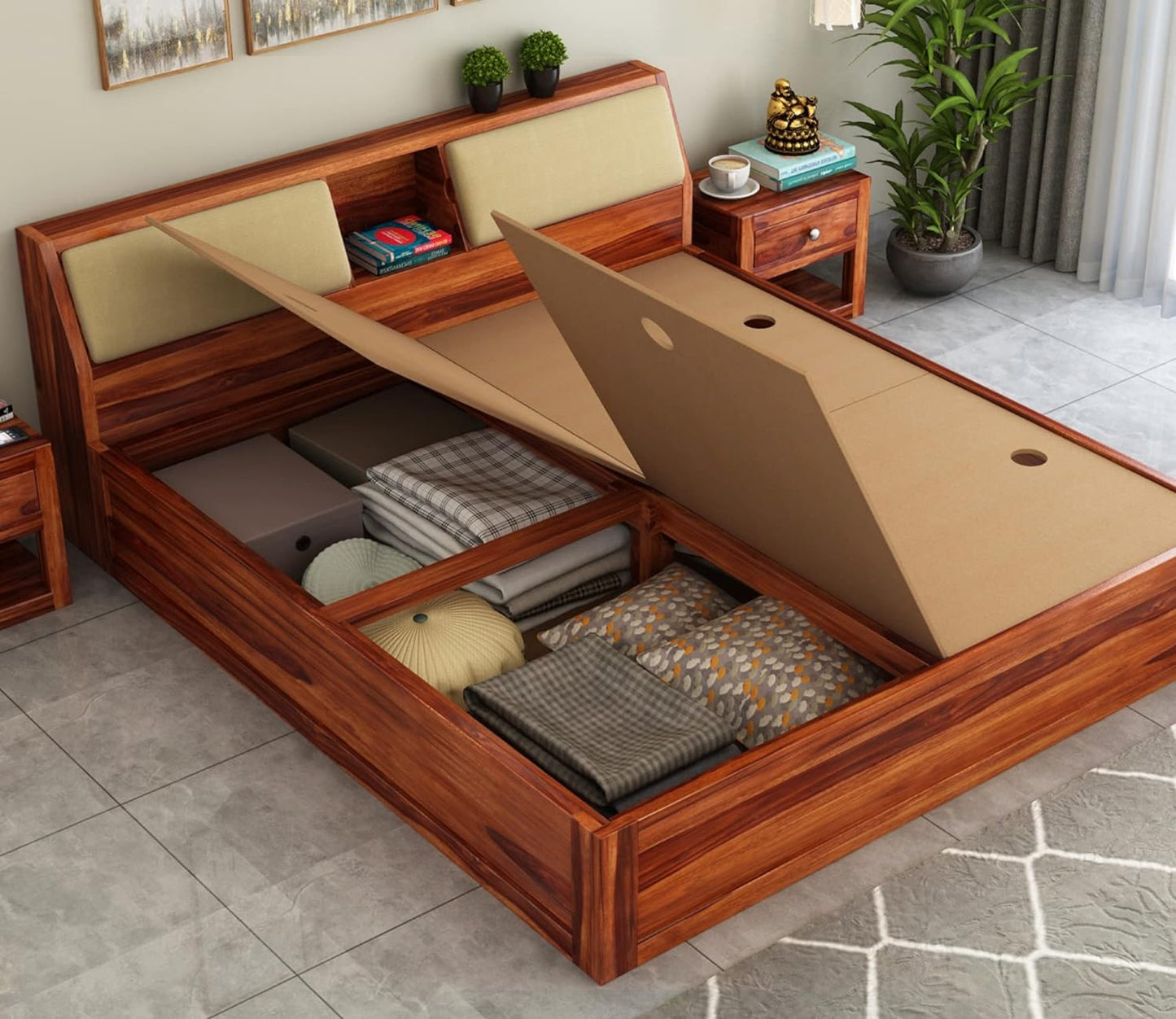 Solid Sheesham Wood King Size Box Bed For Bedroom Room Furniture