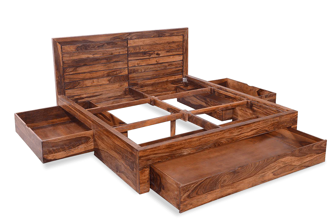 Solid Sheesham Wood Double King Size Bed with Box Storage for Bedroom Living Room Home