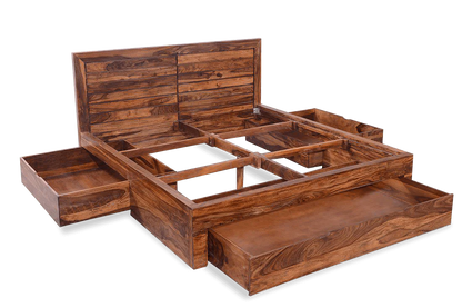 Solid Sheesham Wood Double King Size Bed with Box Storage for Bedroom Living Room Home