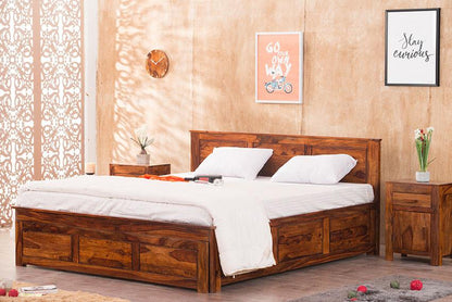 Solid Sheesham Wood King Size Bed With Drawers For Bedroom Room Furniture