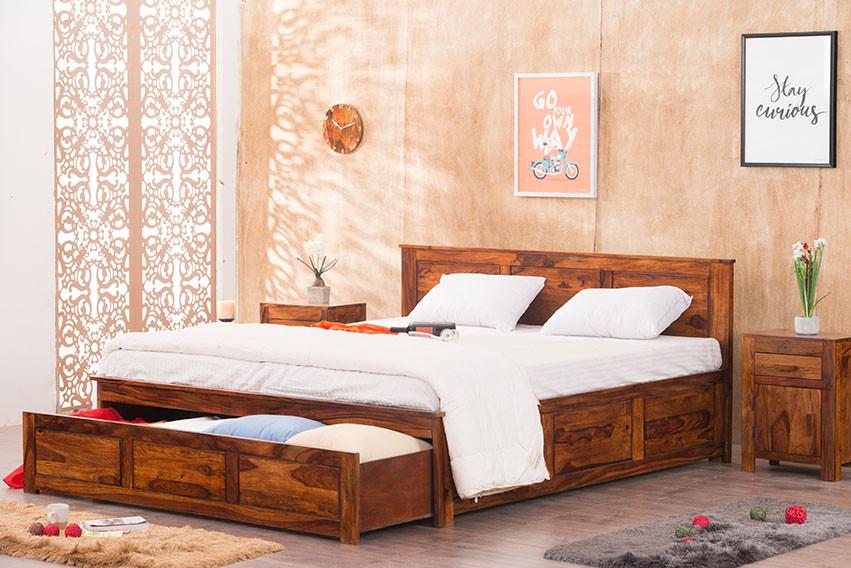 Solid Sheesham Wood King Size Bed With Drawers For Bedroom Room Furniture