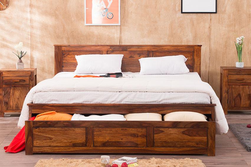 Solid Sheesham Wood King Size Bed With Drawers For Bedroom Room Furniture