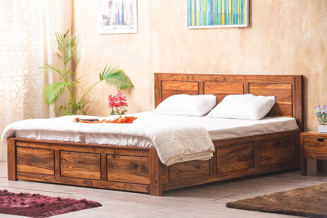 Solid Sheesham Wood King Size Wooden Bed with Drawer Storage