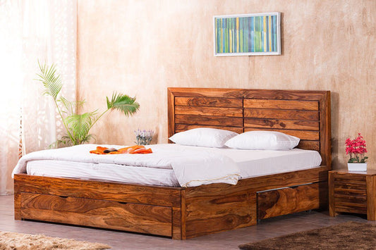 Solid Sheesham Wood Double King Size Bed with Box Storage for Bedroom Living Room Home