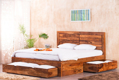 Solid Sheesham Wood Double King Size Bed with Box Storage for Bedroom Living Room Home