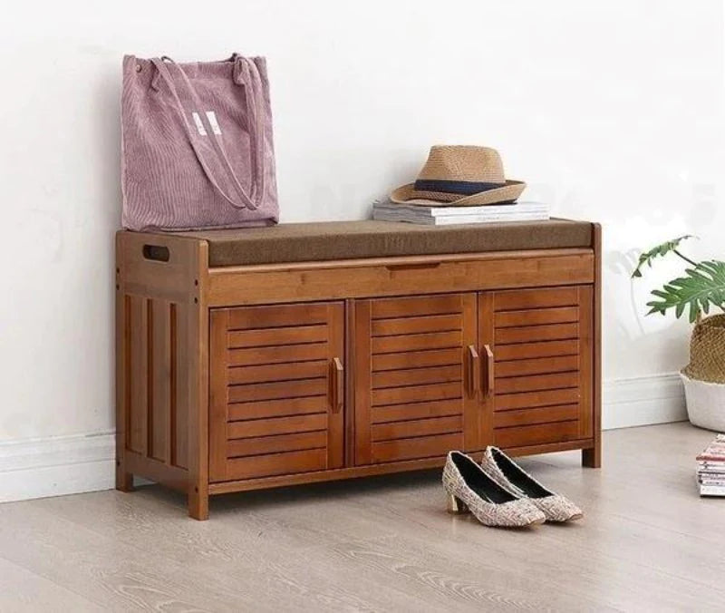 Solid Acacia wooden Shoe Rank  Cabinet With Cushion Seating Natural Finish