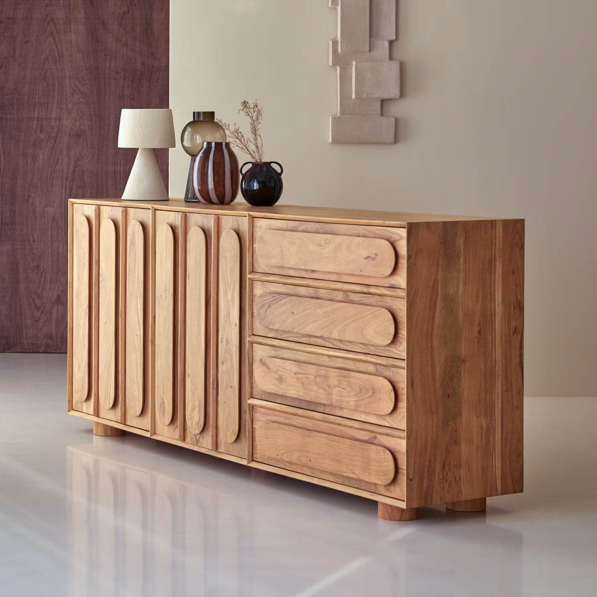 Solid Acacia Wooden Sideboard Cabinet Natural Finish