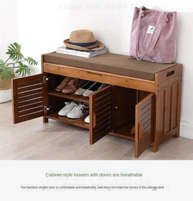 Solid Acacia wooden Shoe Rank  Cabinet With Cushion Seating Natural Finish